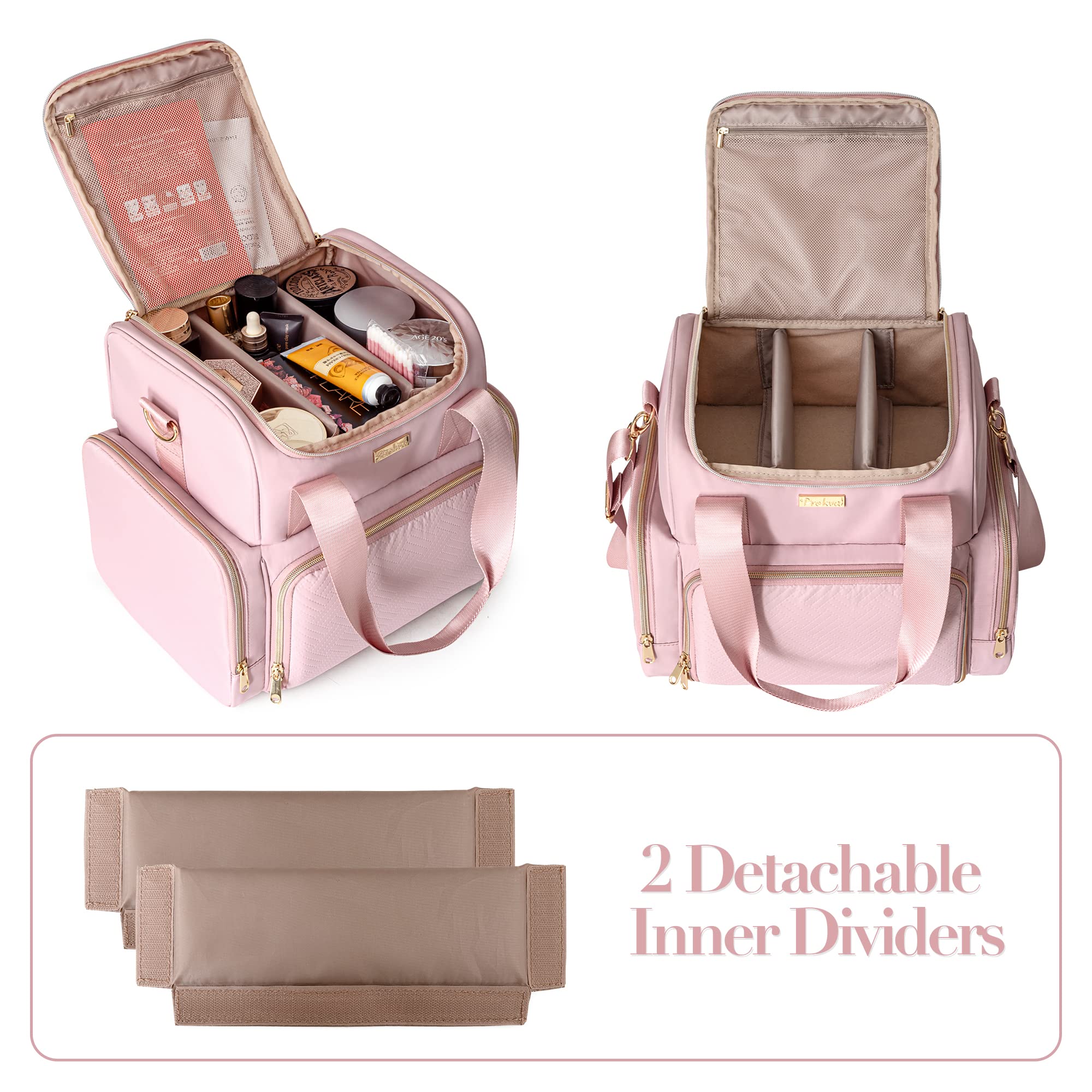 Prokva makeup bag with brush storage side zipper for brushes and lip products.