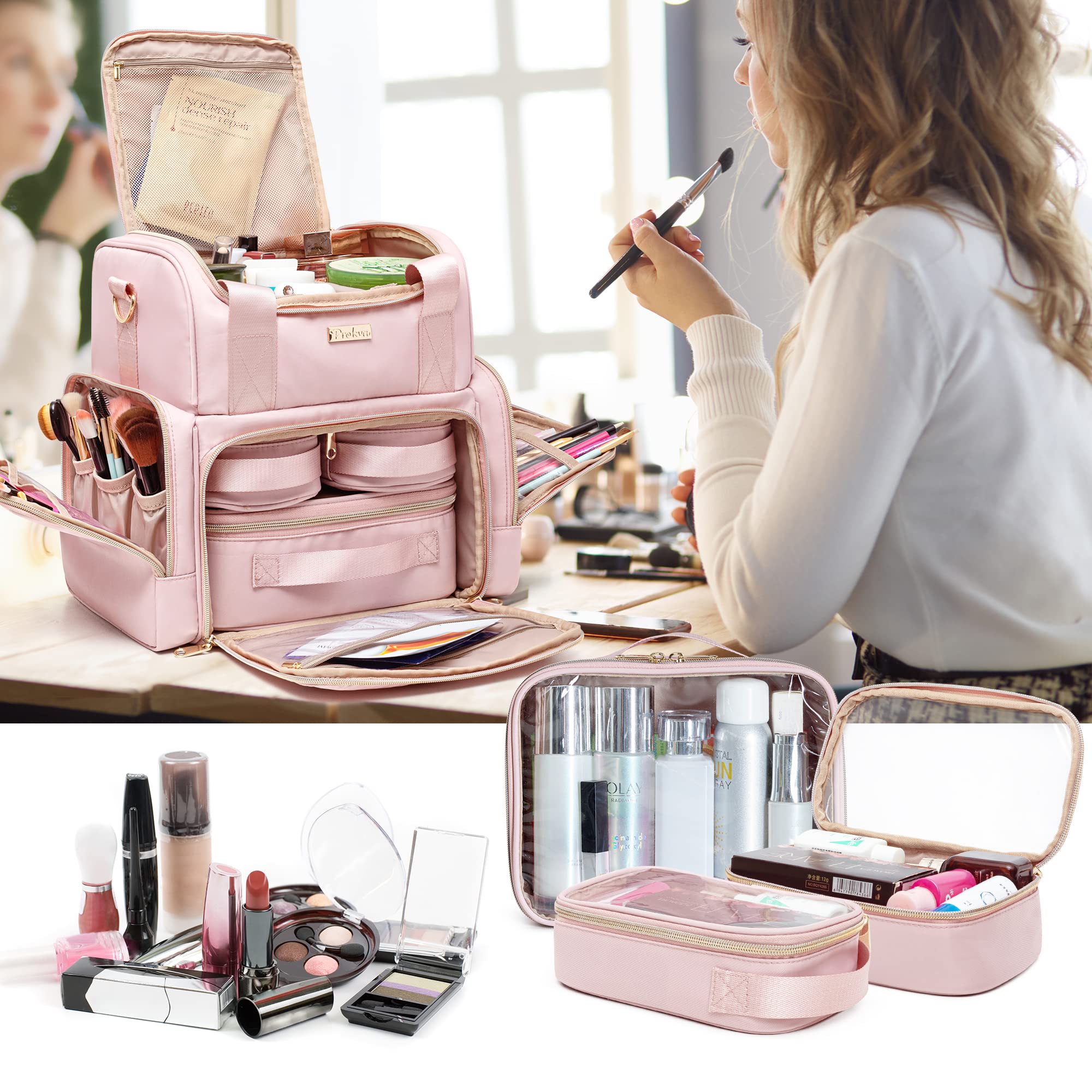 Prokva patent-design makeup bag interior dividers help keep items organized during travel.