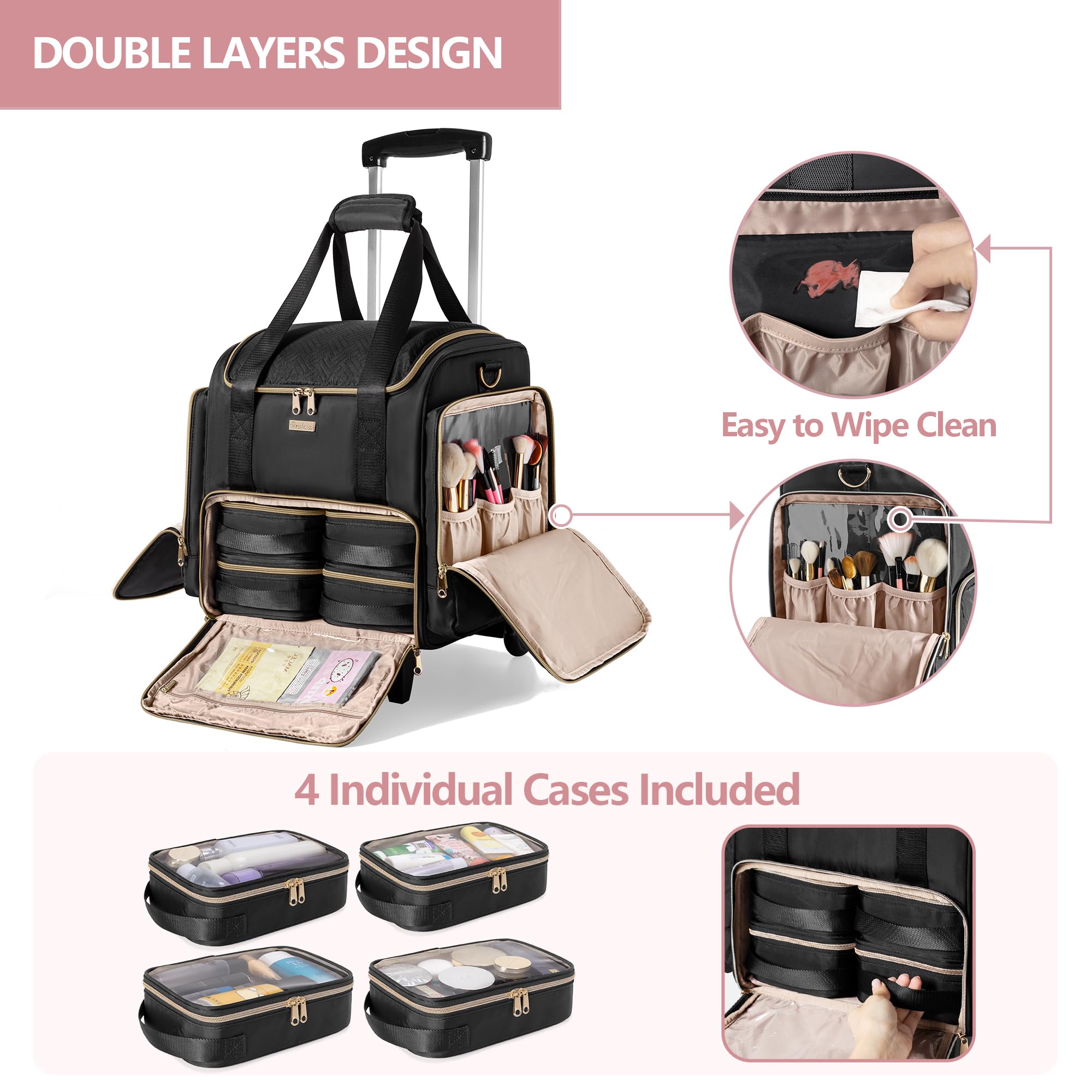 Bottom zipper cases in Prokva case neatly storing cosmetics and skincare items