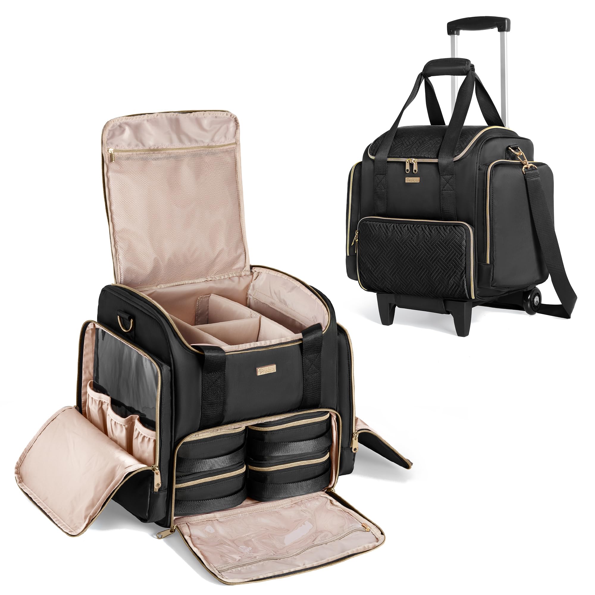 Prokva rolling makeup case exterior with wheels for easy transport between venues