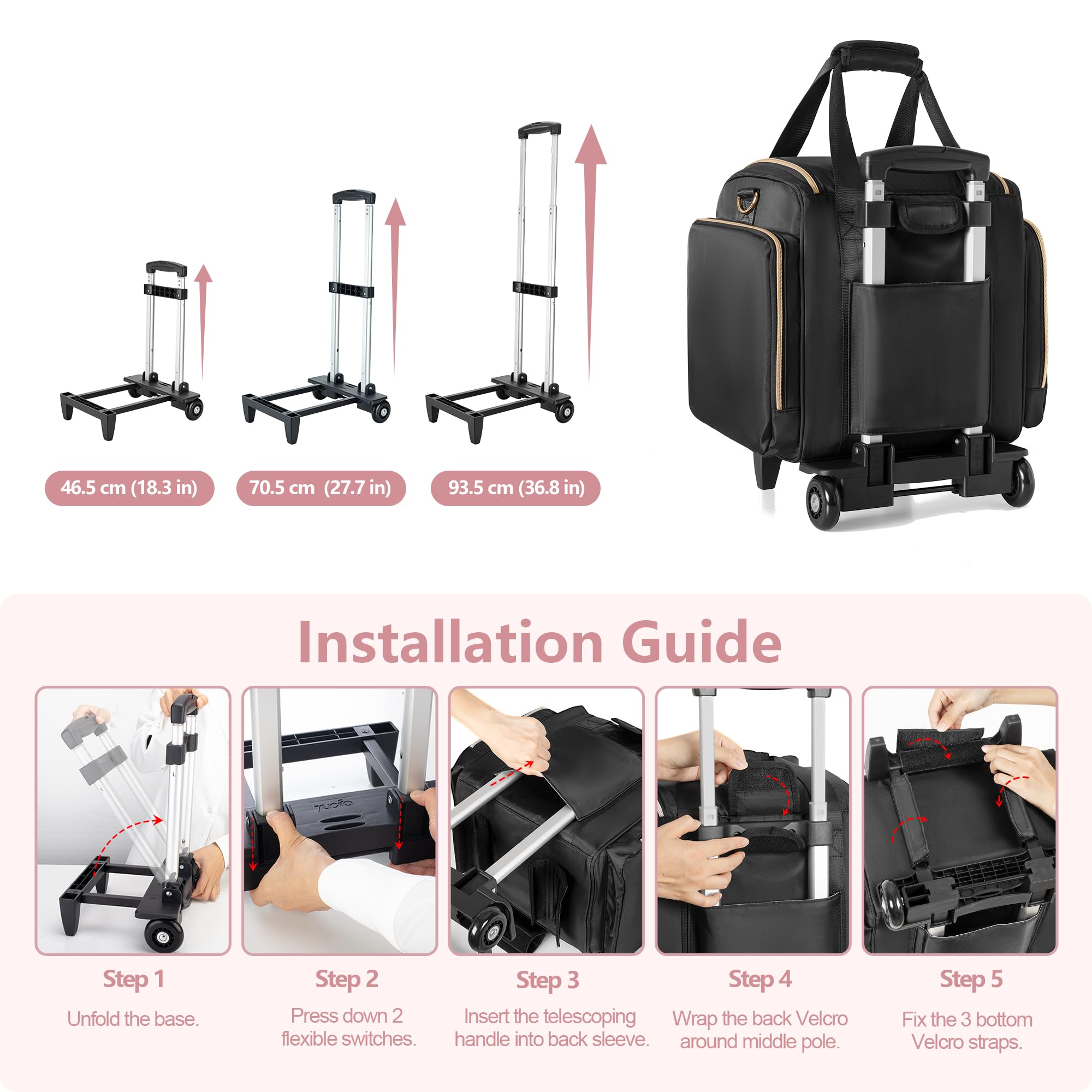 Extendable trolley handle and reinforced legs in Prokva rolling makeup case for smooth travel