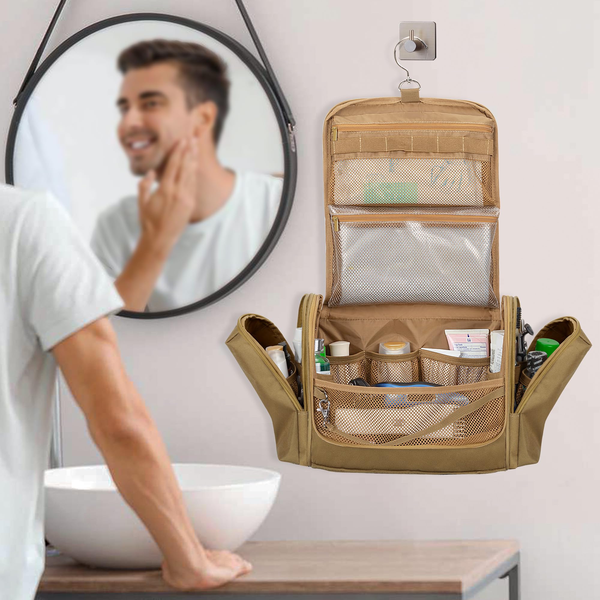 Prokva tactical dopp kit hanging hook demonstrates hands-free setup for hotel or campsite use