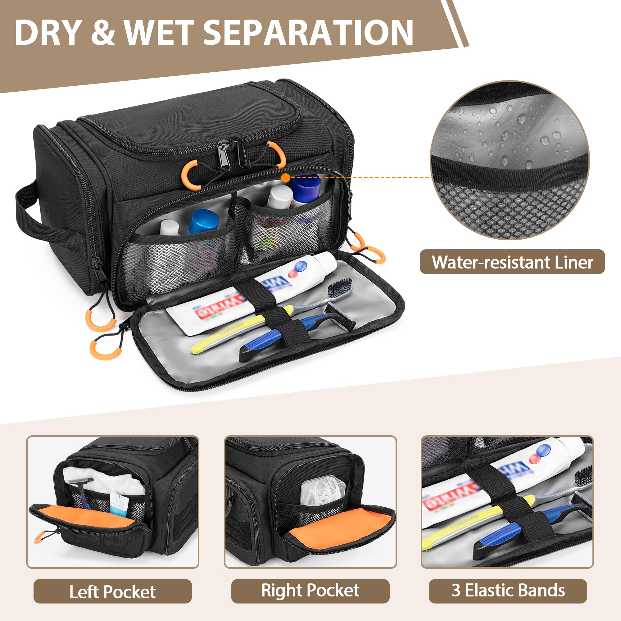 Prokva Tactical Toiletry Bag hook hangs securely anywhere for easy access during showers and hotel stays.