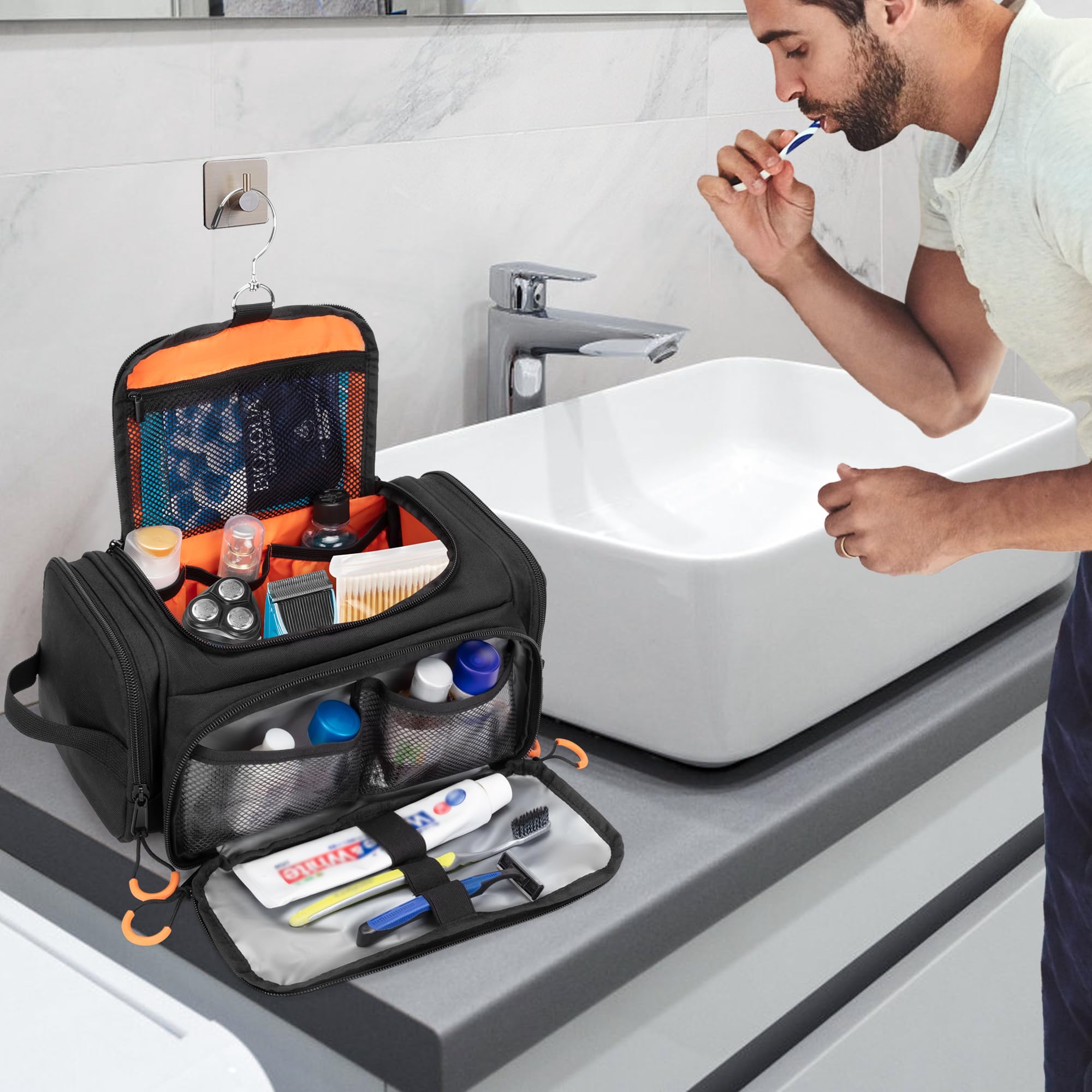Prokva Tactical Toiletry Bag top flap opening highlights quick-access organization for shaving kits and travel sizes.