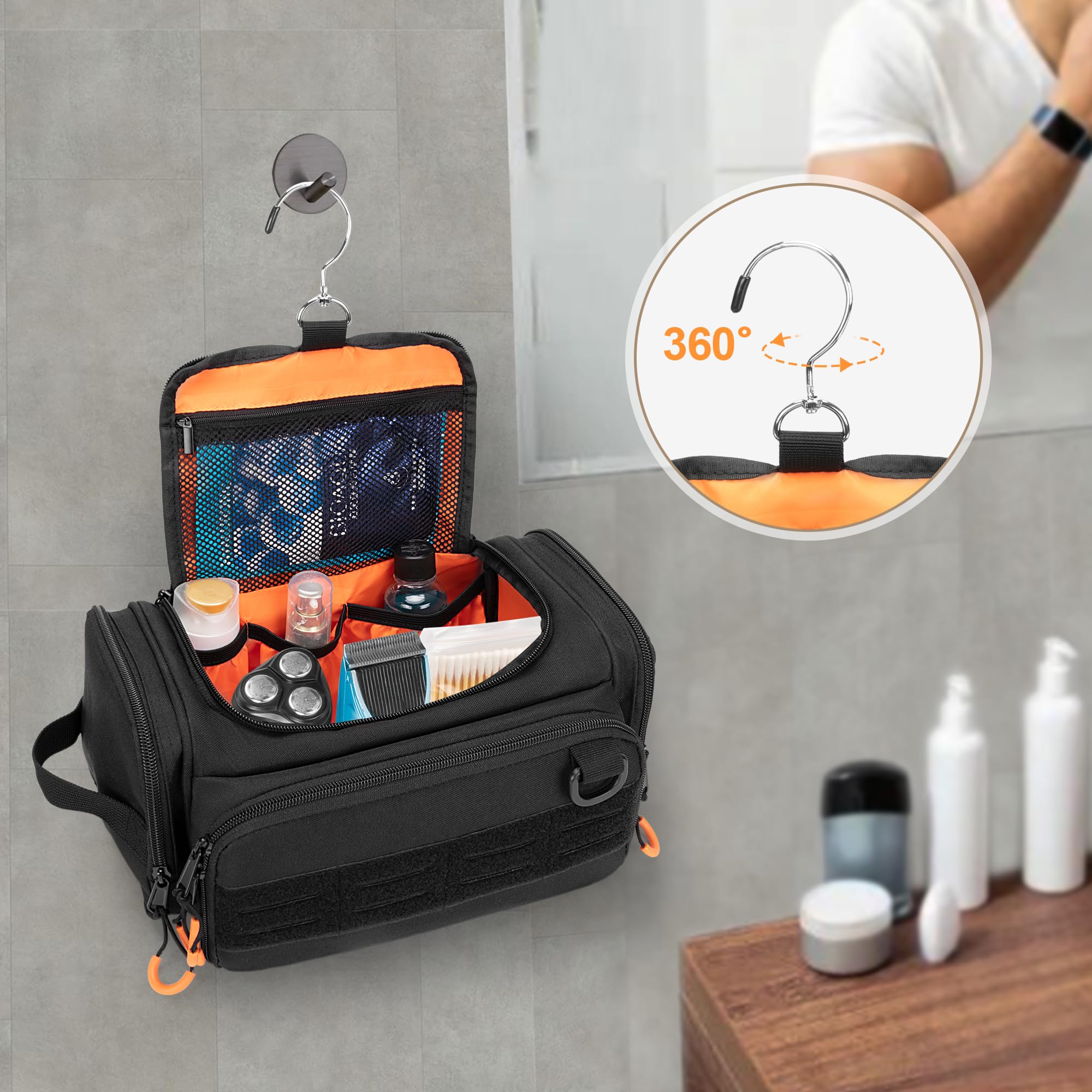 Prokva Tactical Toiletry Bag water-resistant front helps keep damp items separated and easy to wipe.