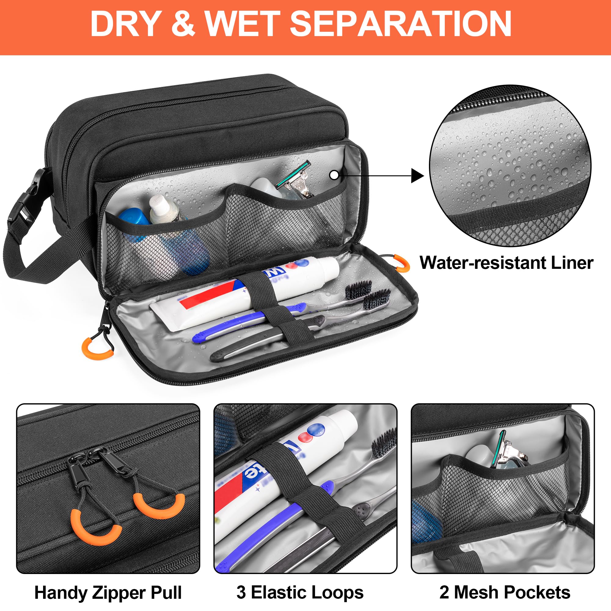 Prokva Toiletry Bag back compartment reveals bright orange interior for easy finding.