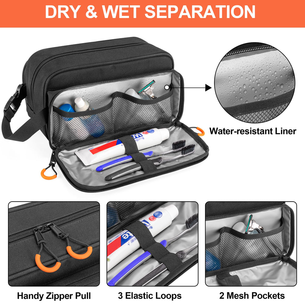 Prokva Toiletry Bag back compartment reveals bright orange interior for easy finding.