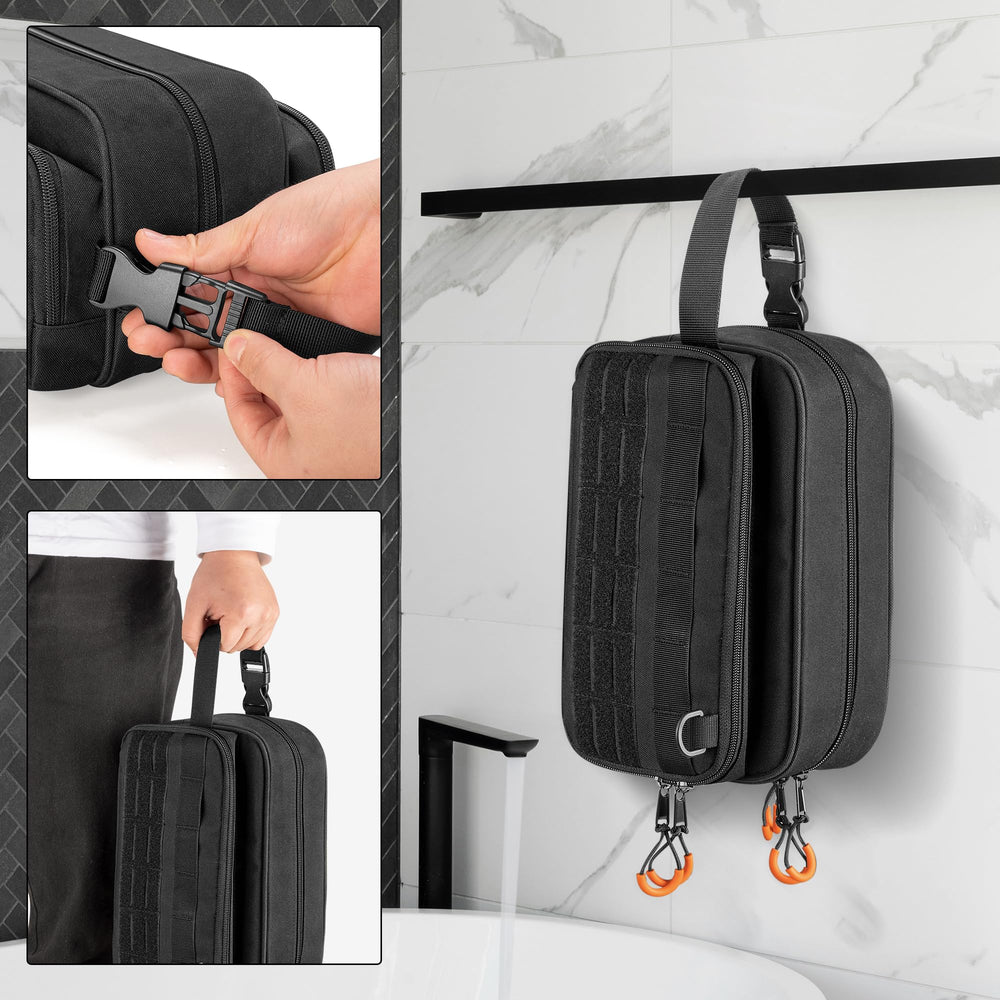 Prokva Toiletry Bag dimensions angled view conveys compact size fits travel bags.