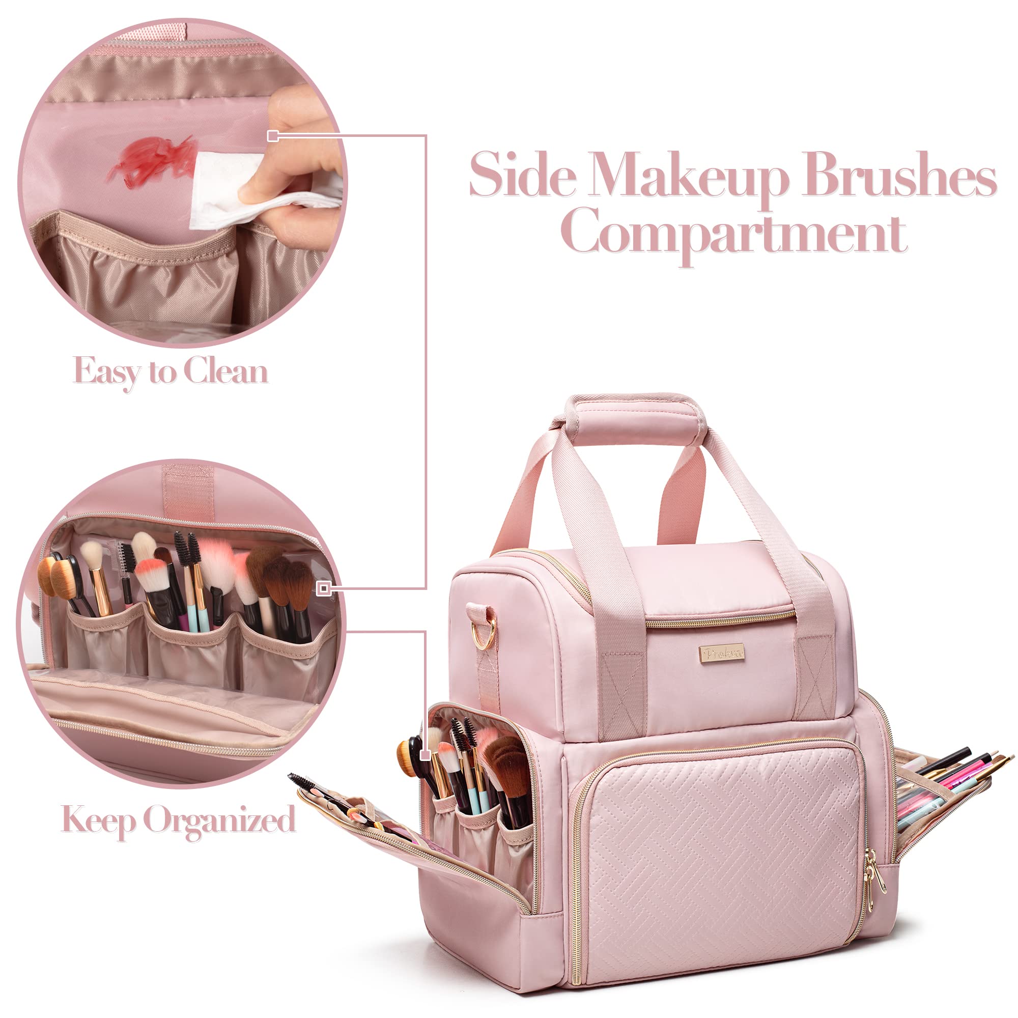 Prokva travel-ready pink makeup bag with carrying options including handles and straps.