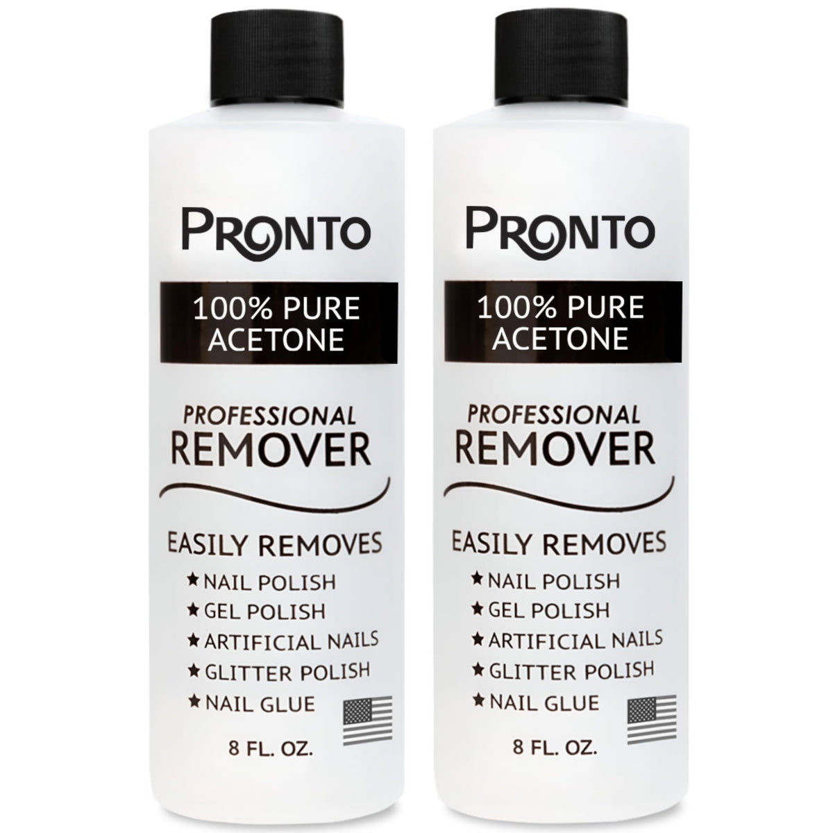 Pronto 100% acetone gel remover bottle close-up—professional polish removal made simple
