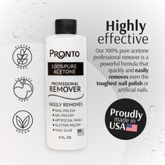Pronto acetone gel remover label close-up—trusted salon-grade formula for nails
