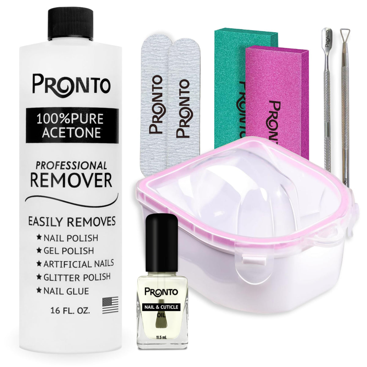 Pronto acetone nail polish remover bottle designed for efficient gel removal.