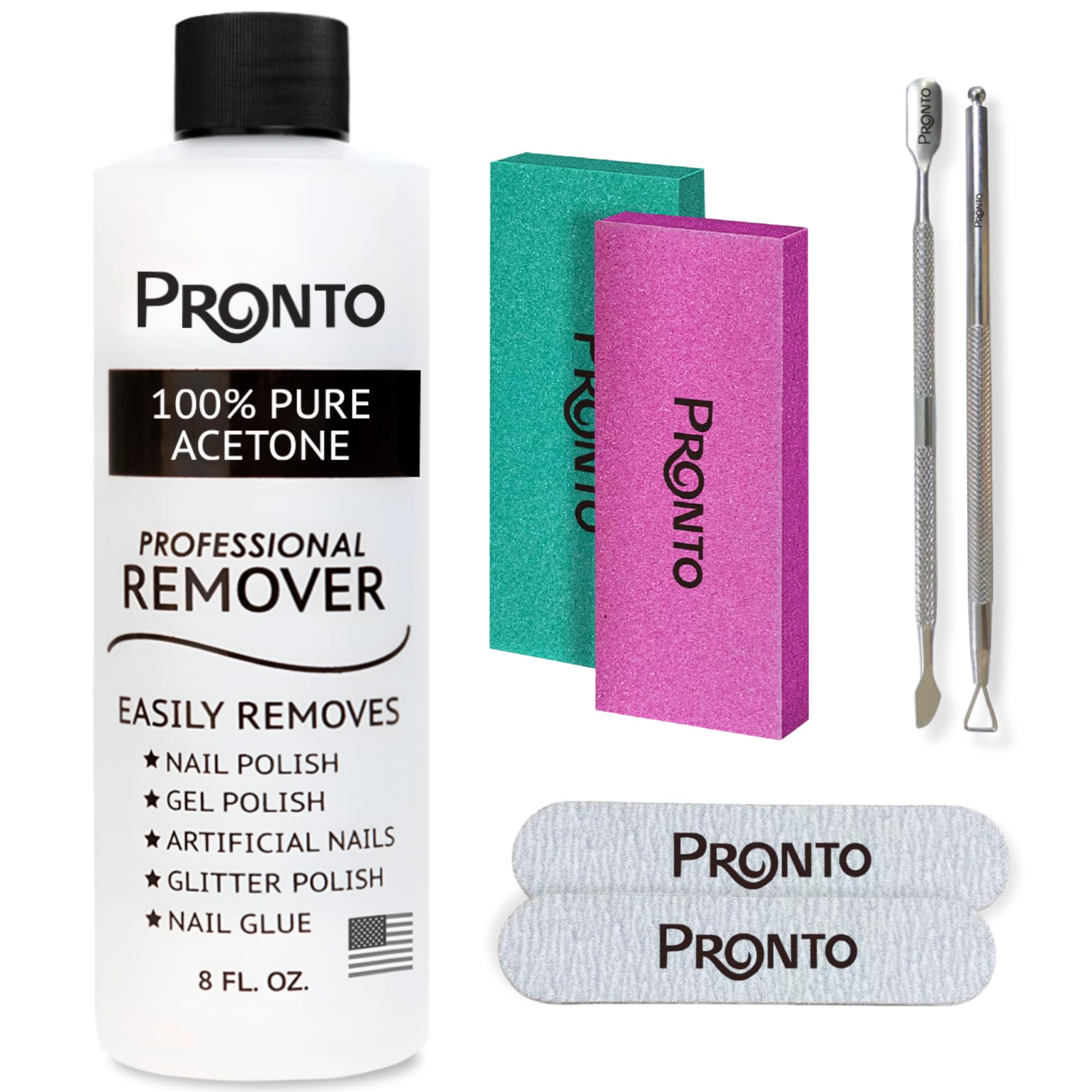 Pronto acetone nail polish remover 8oz bottle for fast polish removal.