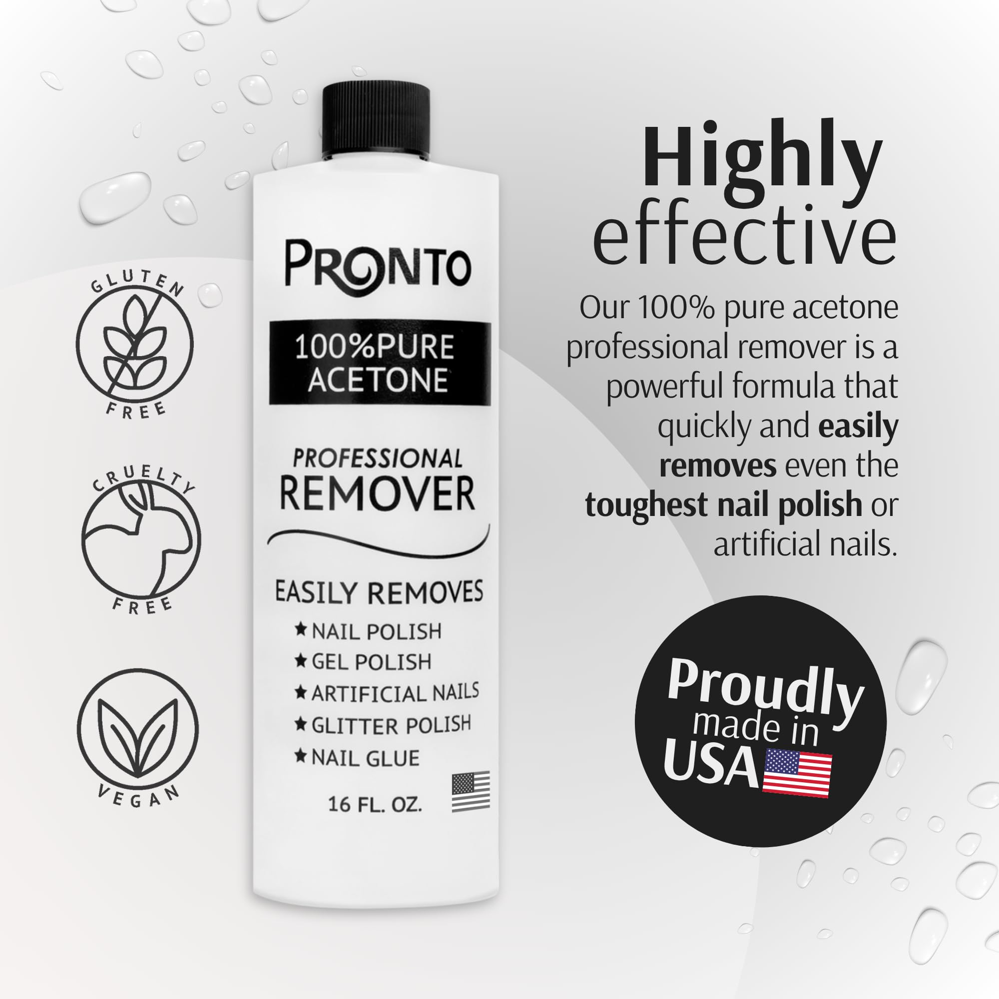 Pronto acetone nail remover with dispensing cap enables precise, mess-free application