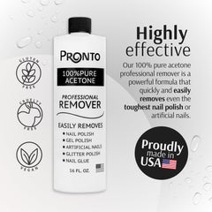 Pronto acetone nail remover with dispensing cap enables precise, mess-free application