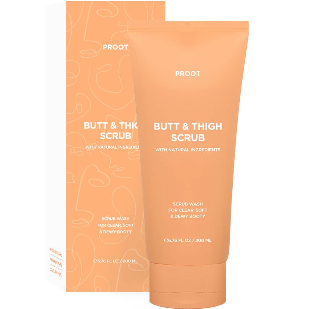 PROOT Butt Scrub Wash bottle in focus with herbal exfoliation for smoother skin