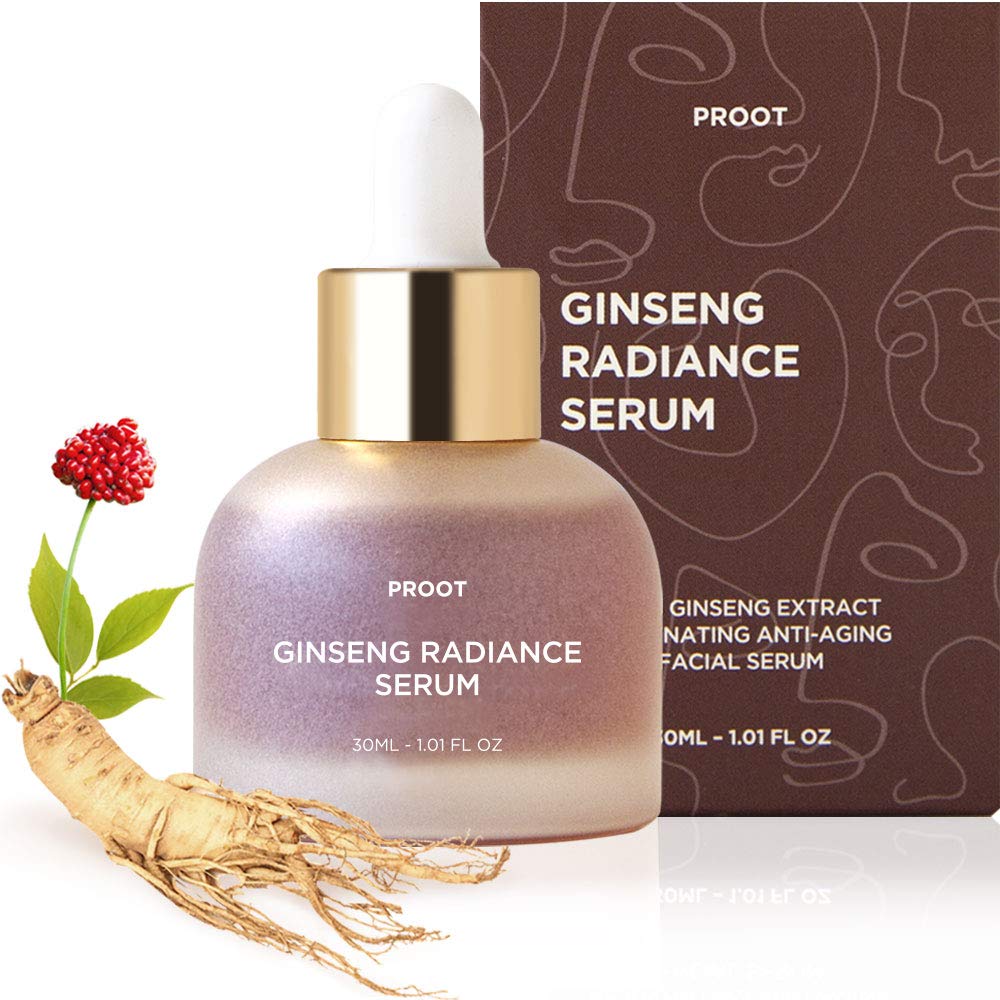PROOT Ginseng Serum bottle with drops delivering radiant hydration.