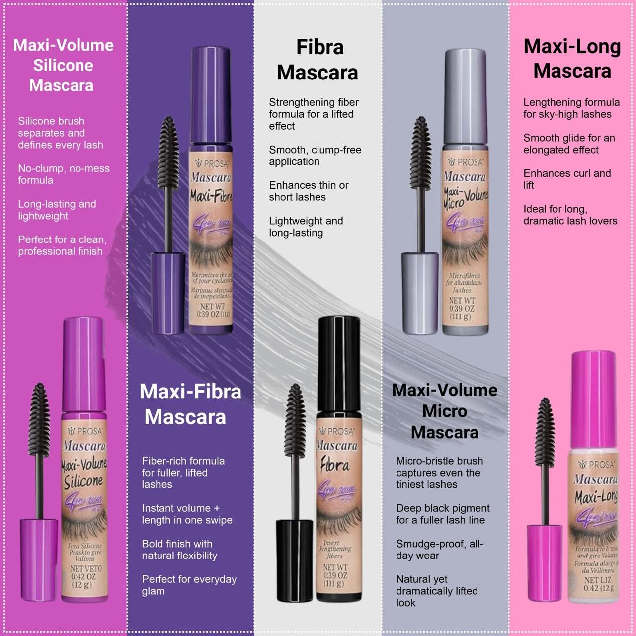 Prosa Mascara Long-wear formula demonstrates lasting lift and separation on lashes