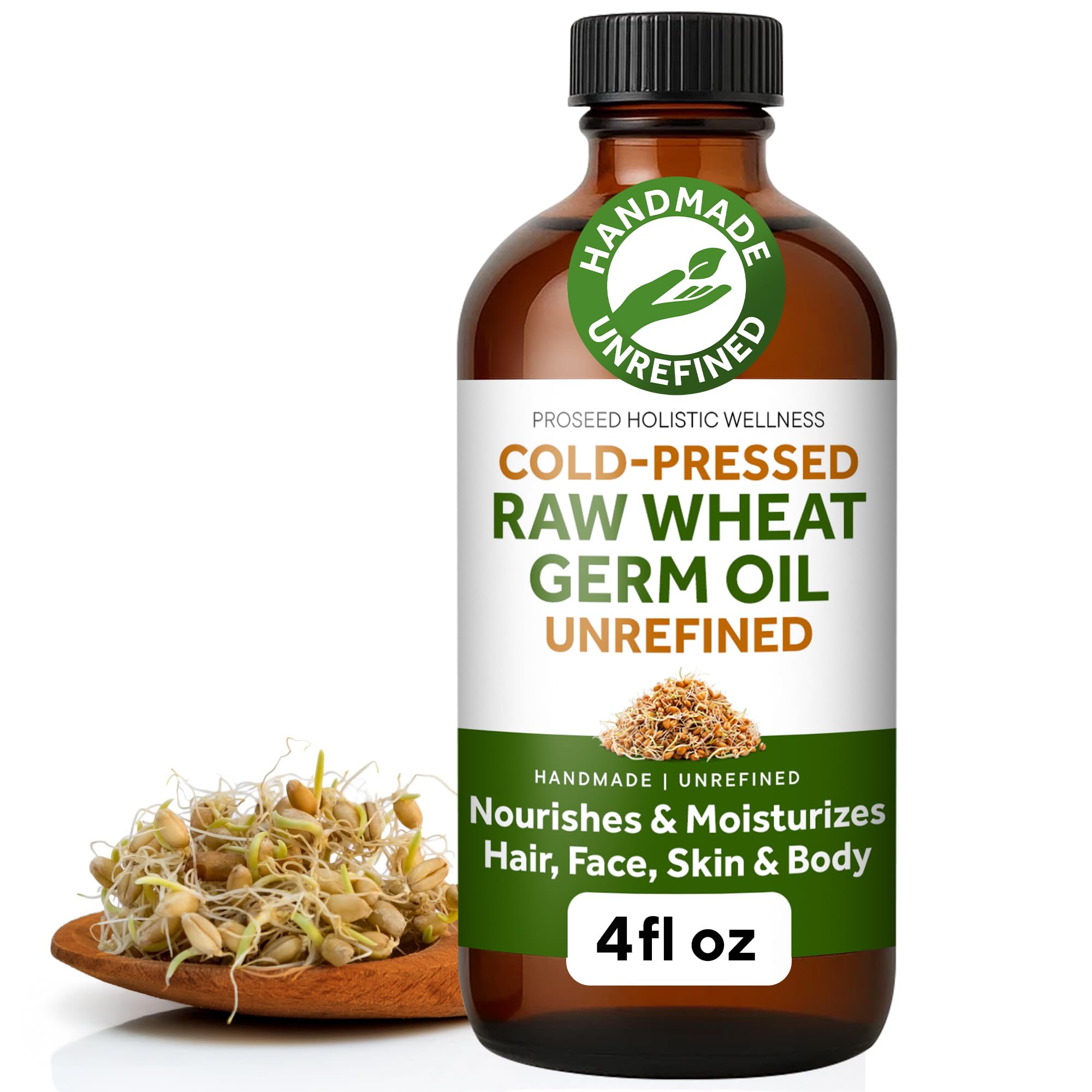 ProSeed Holistic Wellness wheat germ oil bottle—rich, unrefined oil for hair and skin hydration.