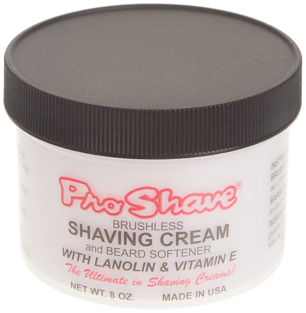 Proshave Shaving Cream close-up shows lanolin and vitamin E for nourishment.