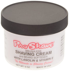 Proshave Shaving Cream close-up shows lanolin and vitamin E for nourishment.