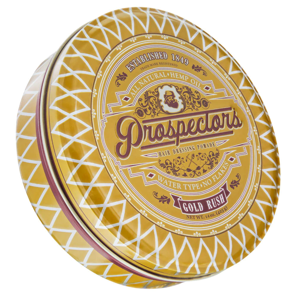 PROSPECTORS Gold Rush Hair Pomade tin shows premium hold and natural shine.