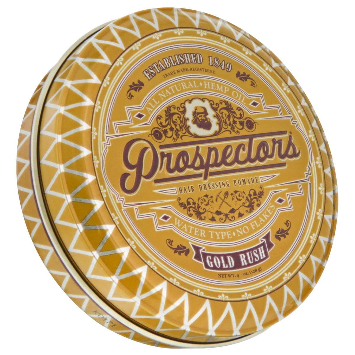 Prospectors Gold Rush pomade tin—compact packaging for easy styling and washout.