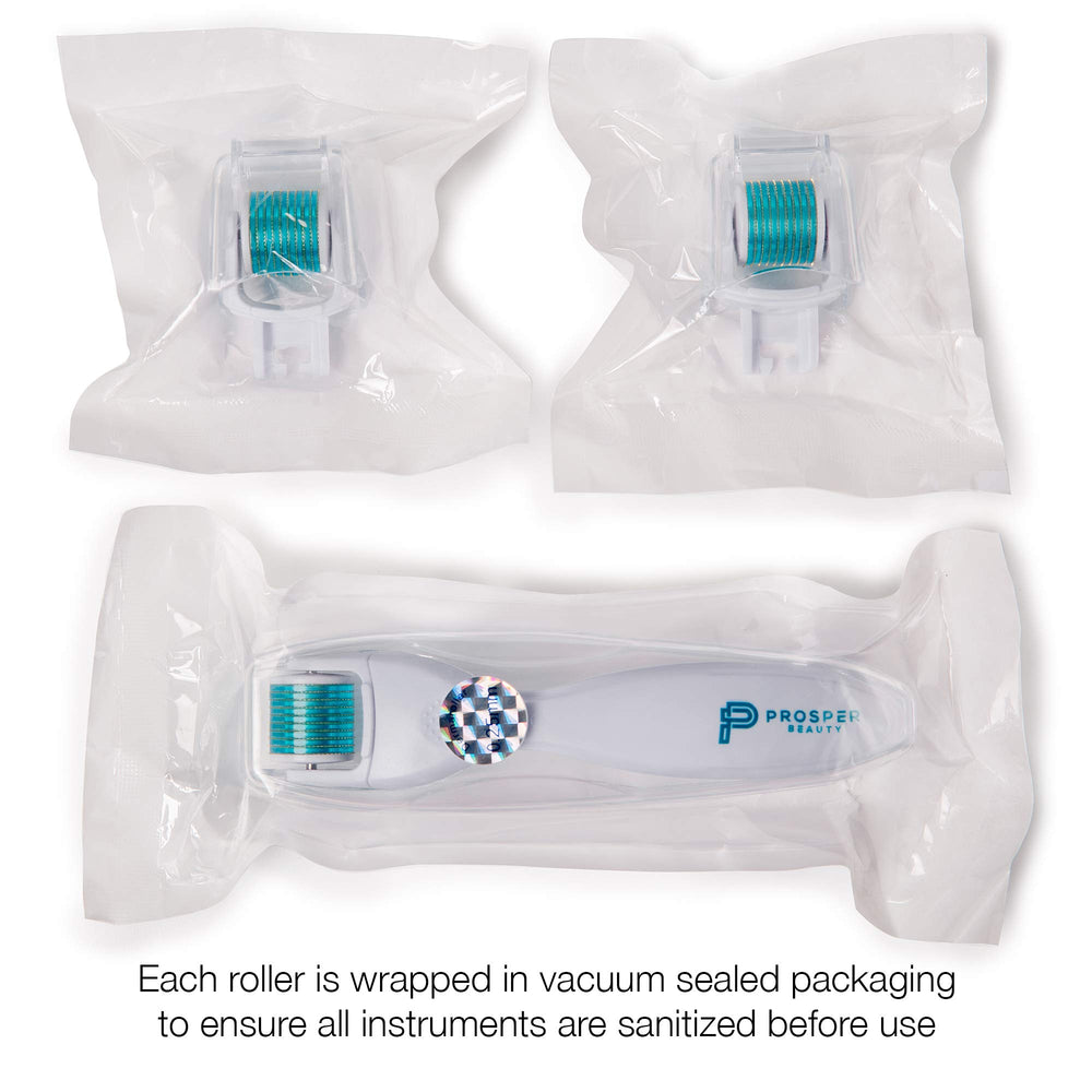 Prosper Beauty DermaRoll attached-head in-use shot illustrates at-home microneedling setup