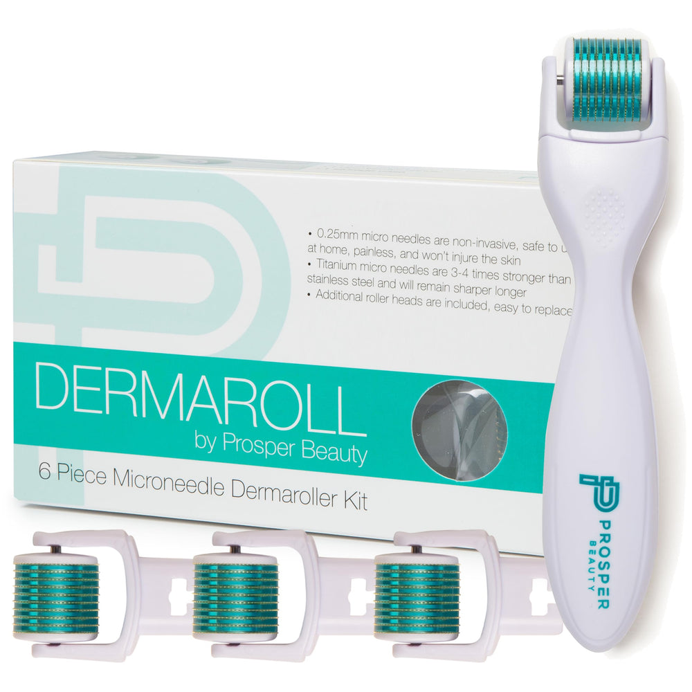 Prosper Beauty DermaRoll face roller close-up showing titanium needles for precise exfoliation