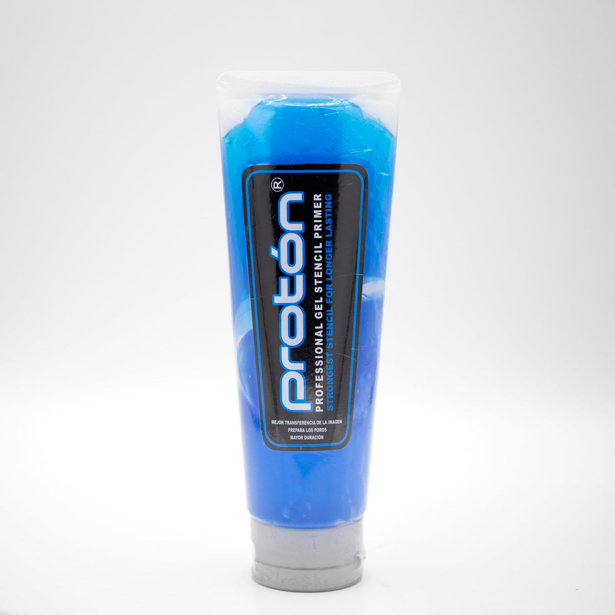 PROTON stencil primer blue bottle ensures clean, long-lasting transfers for busy tattoo sessions.