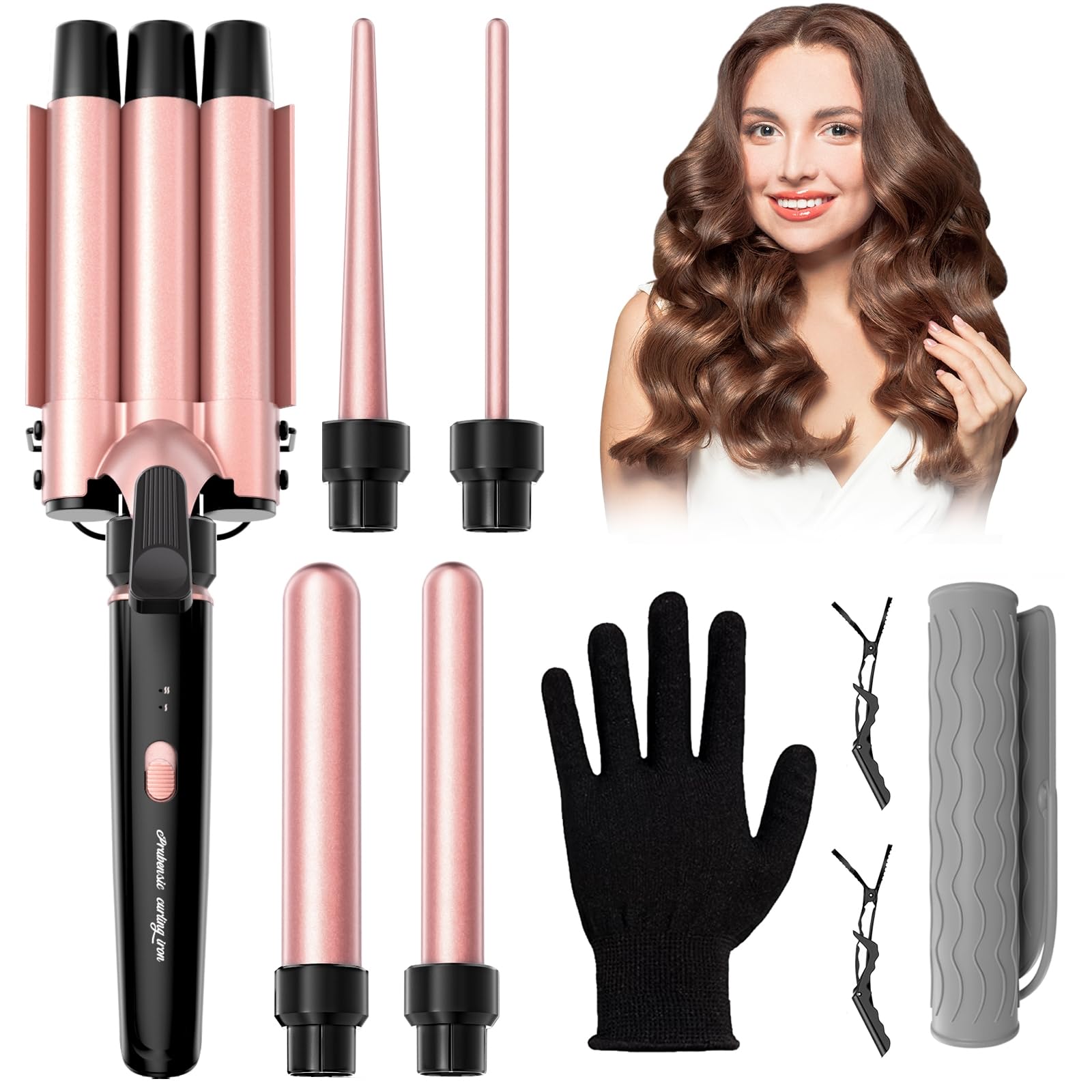 Prubensic 5-in-1 curling iron set in pink, versatile styling for many looks.