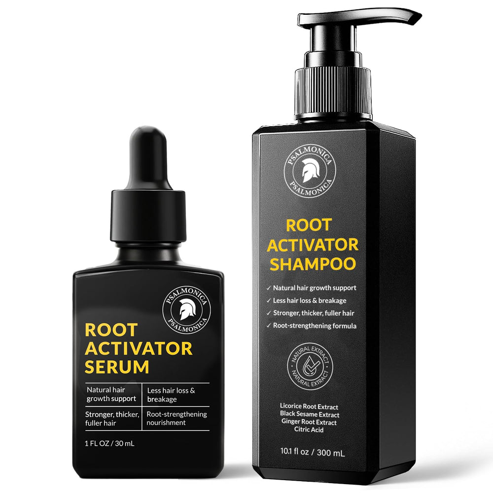Psalmonica Root Activator Shampoo bottle close-up highlighting herbal blend for daily scalp care.