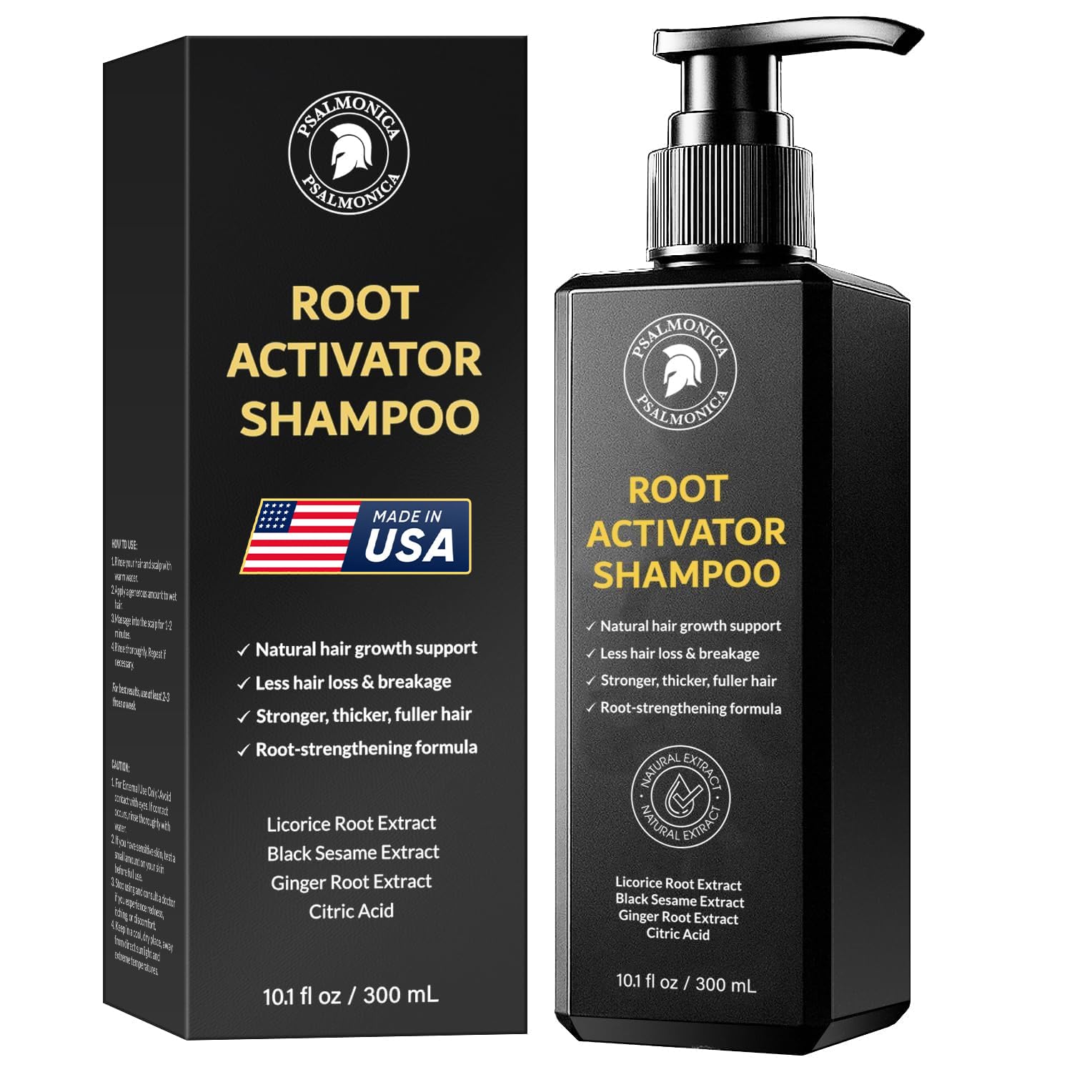Psalmonica Root Activator Shampoo full bottle highlights herbal formula for thinning hair