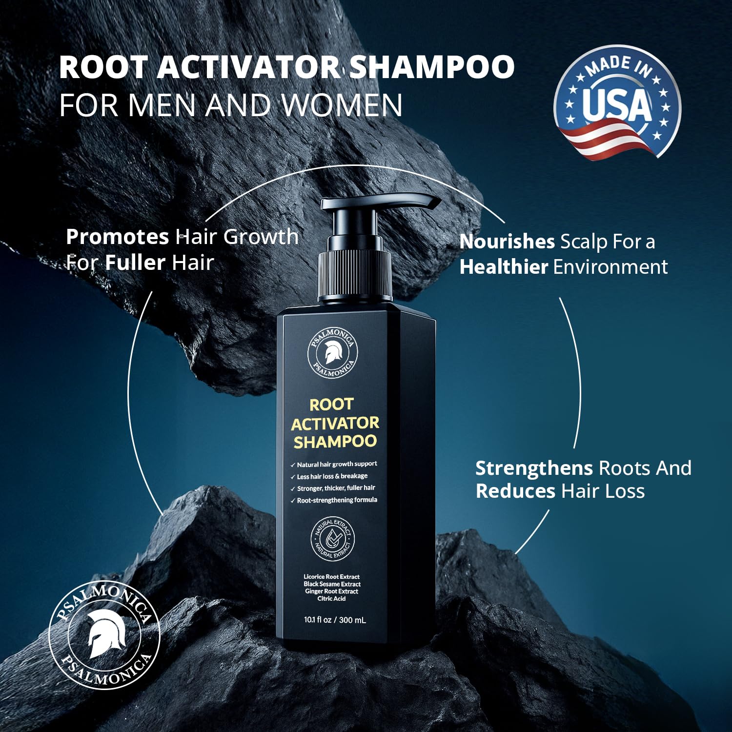 Psalmonica Root Activator Shampoo herbal ingredients close-up emphasizes scalp nourishment