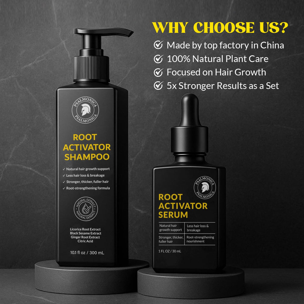 Psalmonica Root Activator Shampoo ingredient blend showcases ginger root and rosemary for natural nourishment.