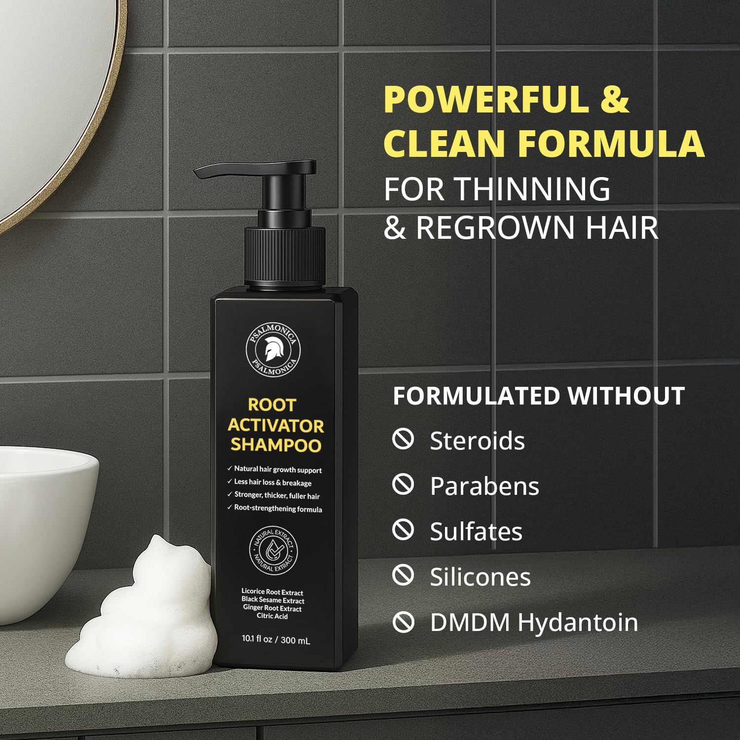Psalmonica Root Activator Shampoo label showcases natural ingredients