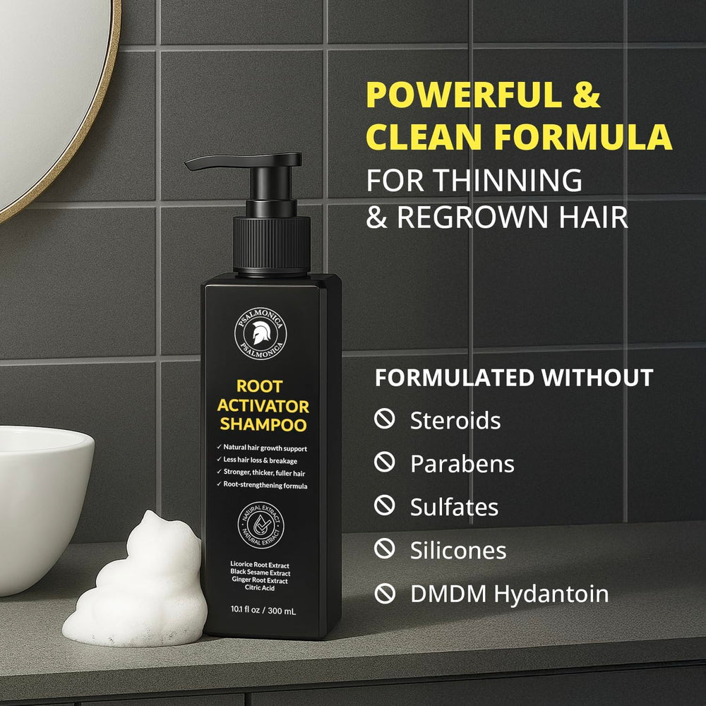Psalmonica Root Activator Shampoo label showcases natural ingredients