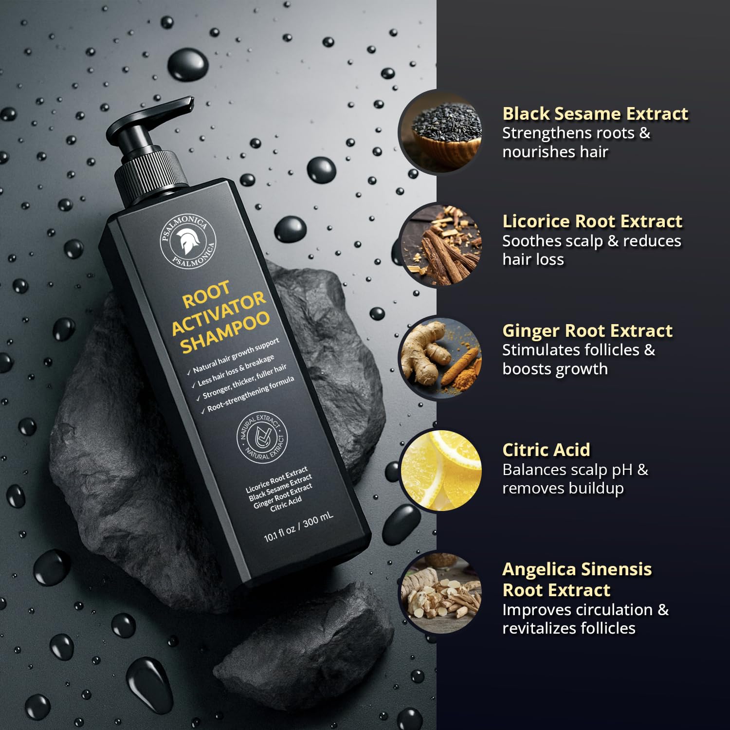 Psalmonica Root Activator Shampoo scalp massage highlights soothing herbal action