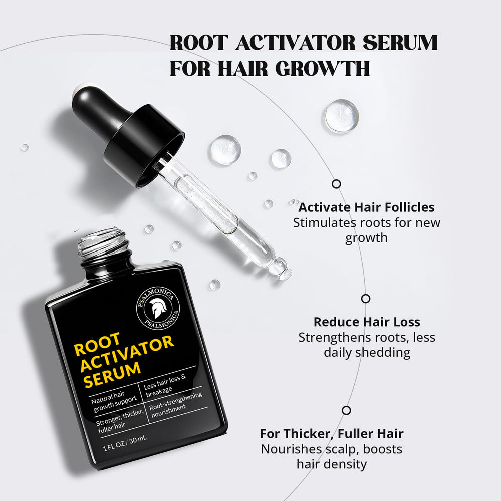 Close-up of scalp massage with Psalmonica Root Activator for soothing, balanced scalp.
