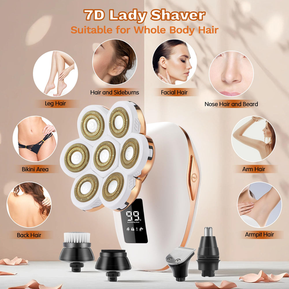 Psmicor 5-in-1 lady shaver heads demonstrating versatile attachments for different body areas