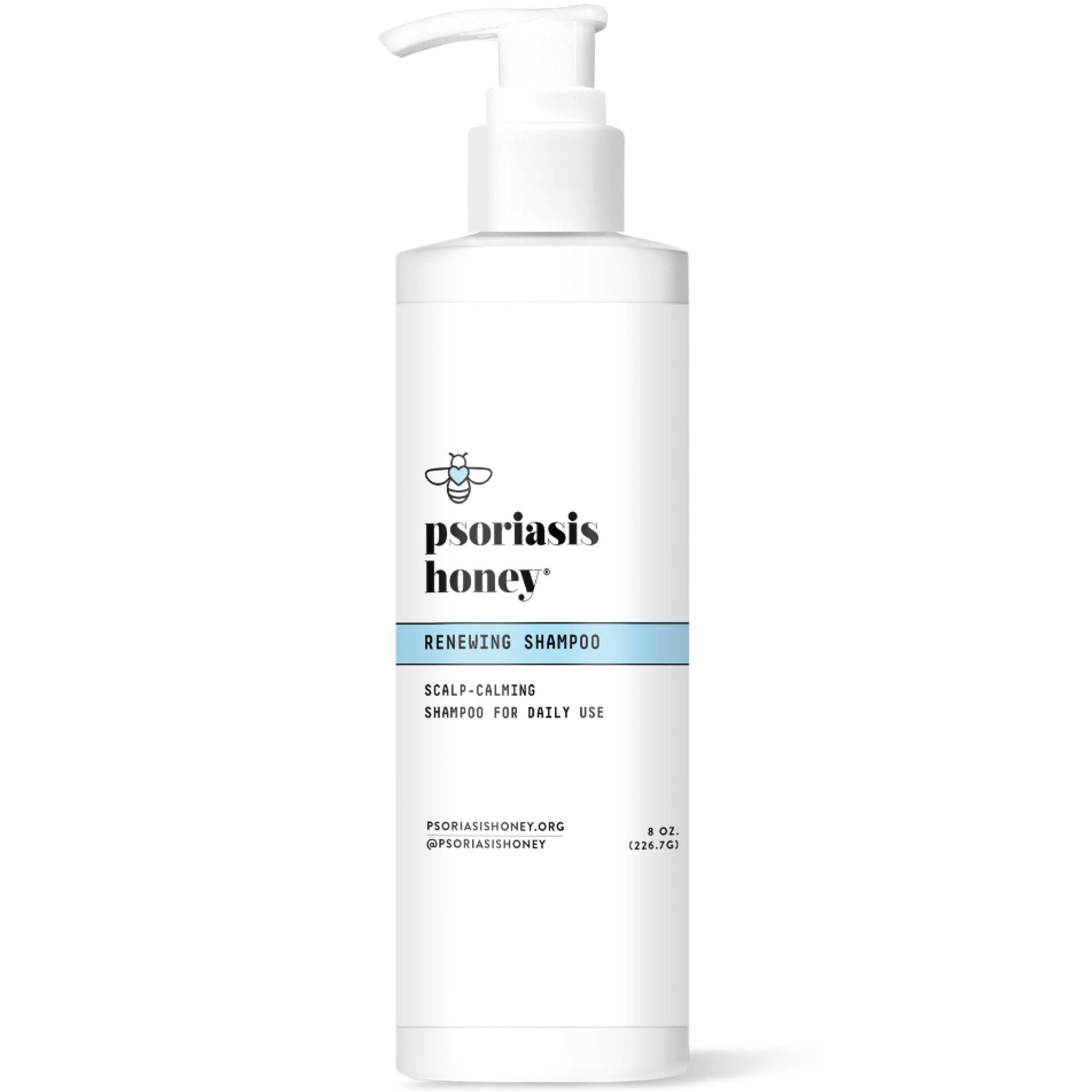 PSORIASIS HONEY Renewing Shampoo bottle closeup highlights hydrating scalp care for dry flakes.