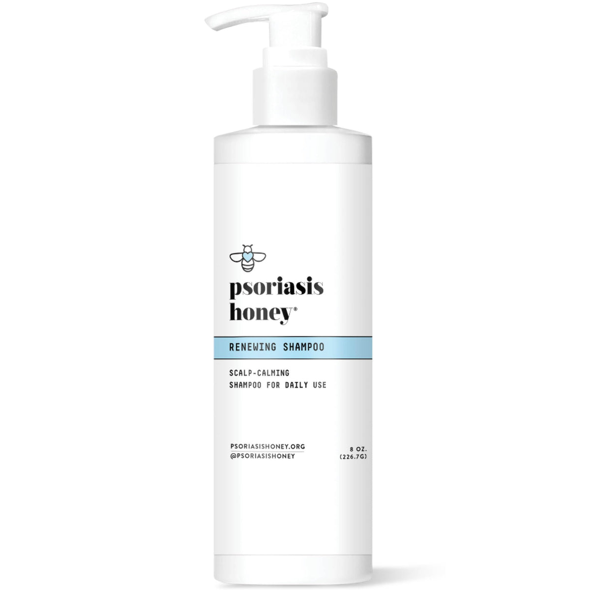 PSORIASIS HONEY Renewing Shampoo bottle closeup highlights hydrating scalp care for dry flakes.