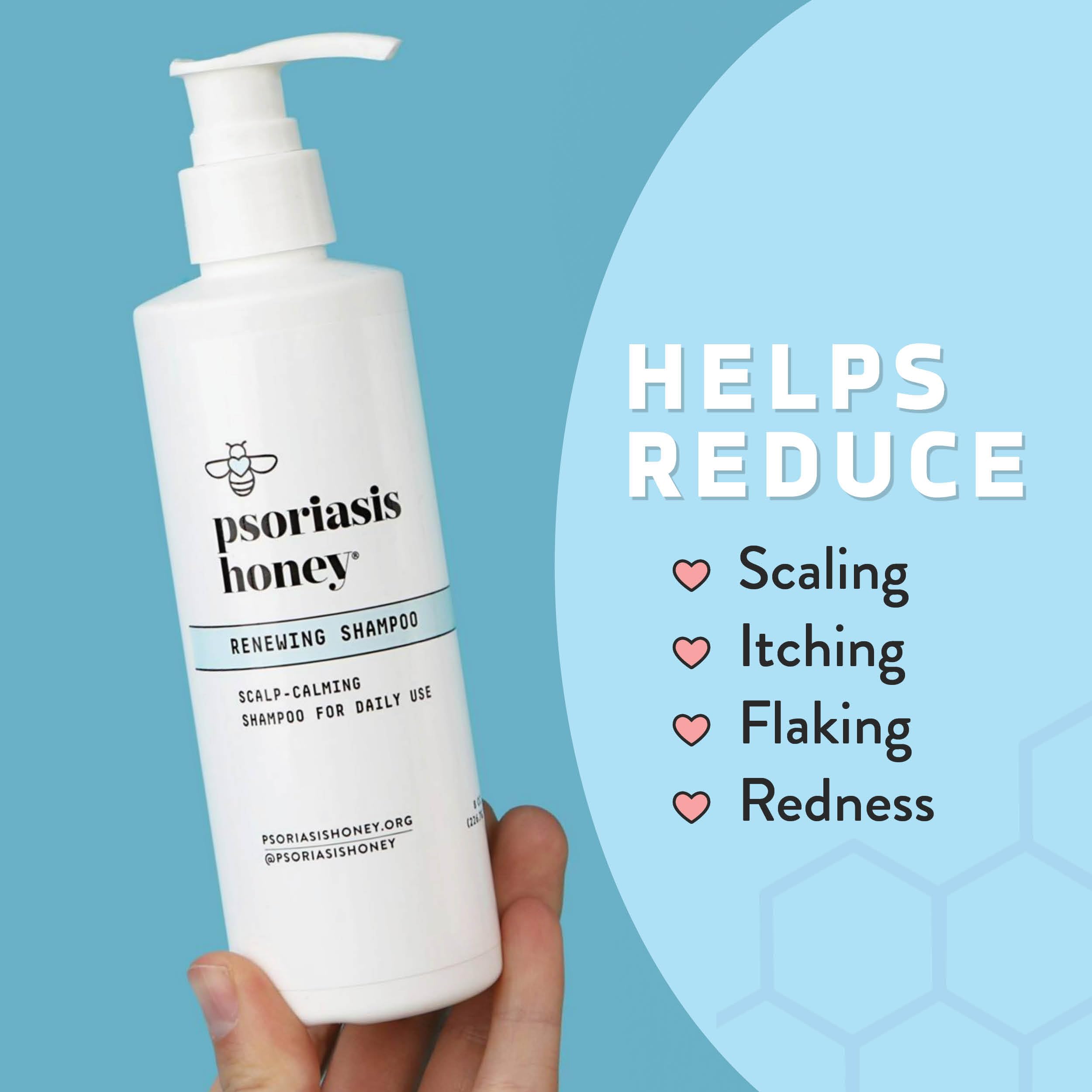 PSORIASIS HONEY Renewing Shampoo family-use bottle demonstrates daily scalp care for adults and kids.