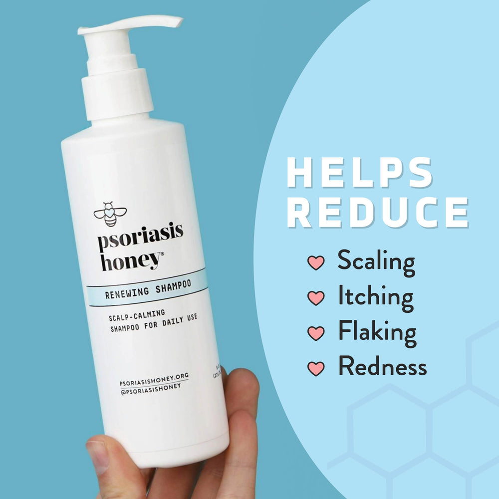 PSORIASIS HONEY Renewing Shampoo family-use bottle demonstrates daily scalp care for adults and kids.