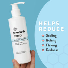 PSORIASIS HONEY Renewing Shampoo family-use bottle demonstrates daily scalp care for adults and kids.
