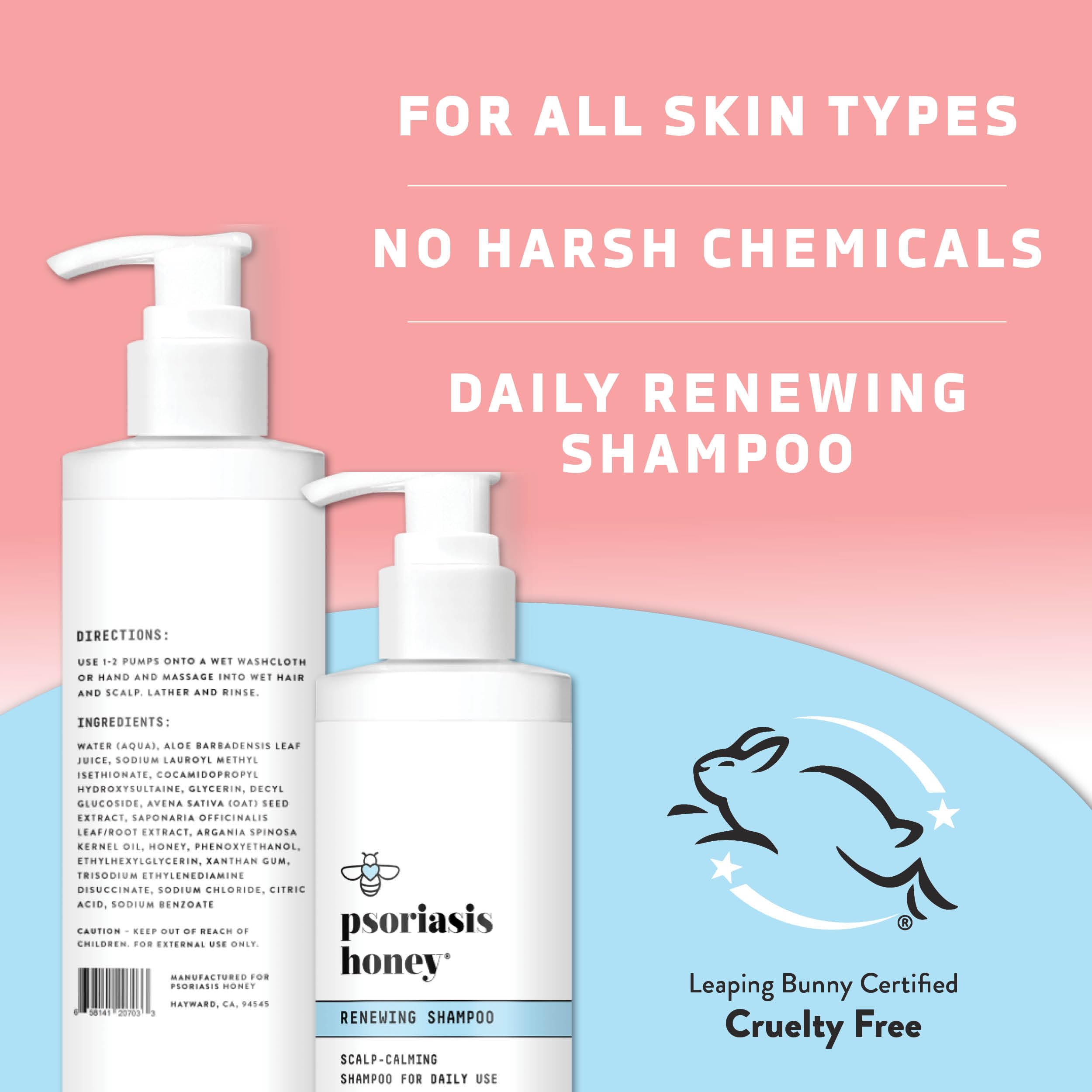 PSORIASIS HONEY Renewing Shampoo packaging showcase safe, natural formula without harsh chemicals.