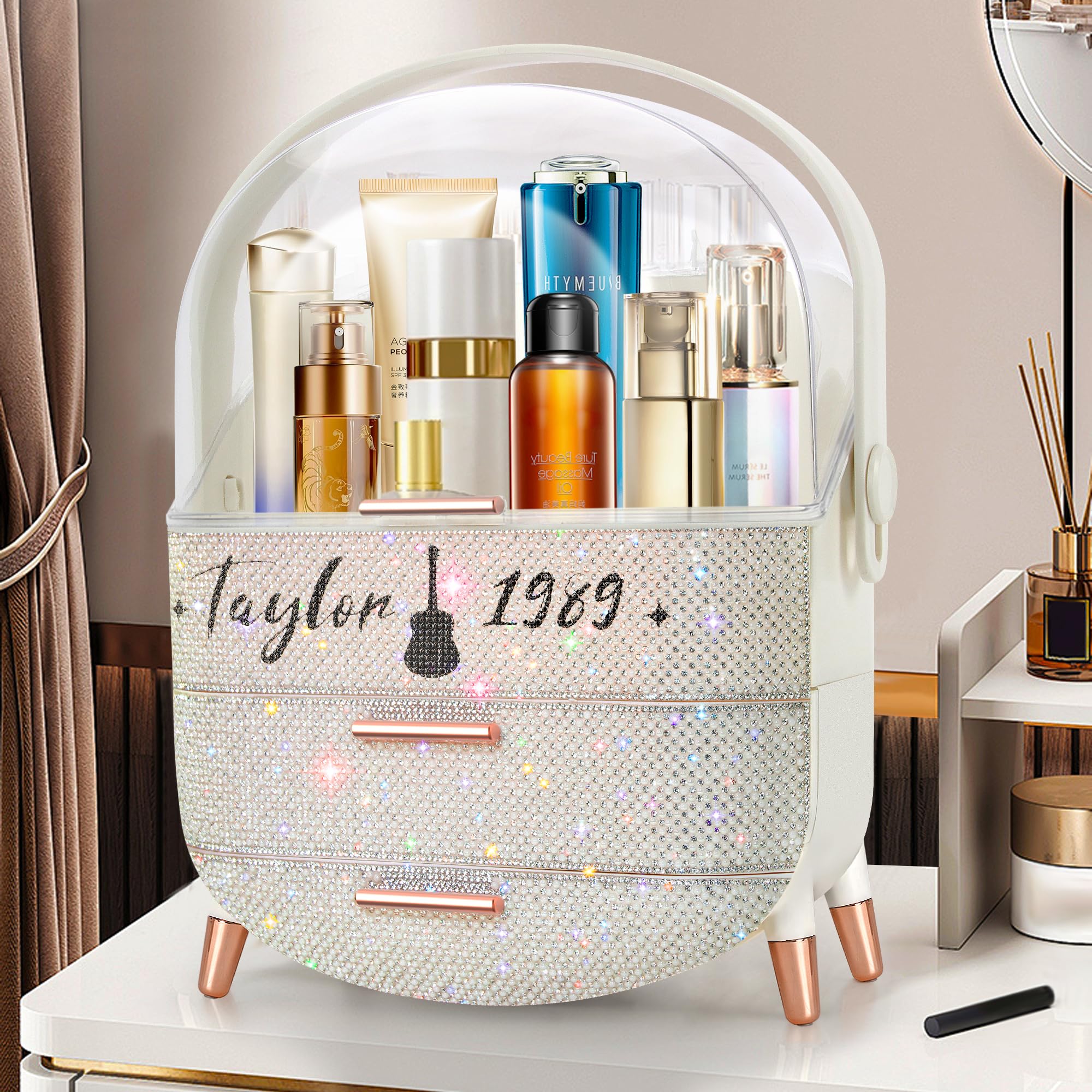 Ptesly Bling makeup organizer drawer storage closeup highlights lipstick and brushes
