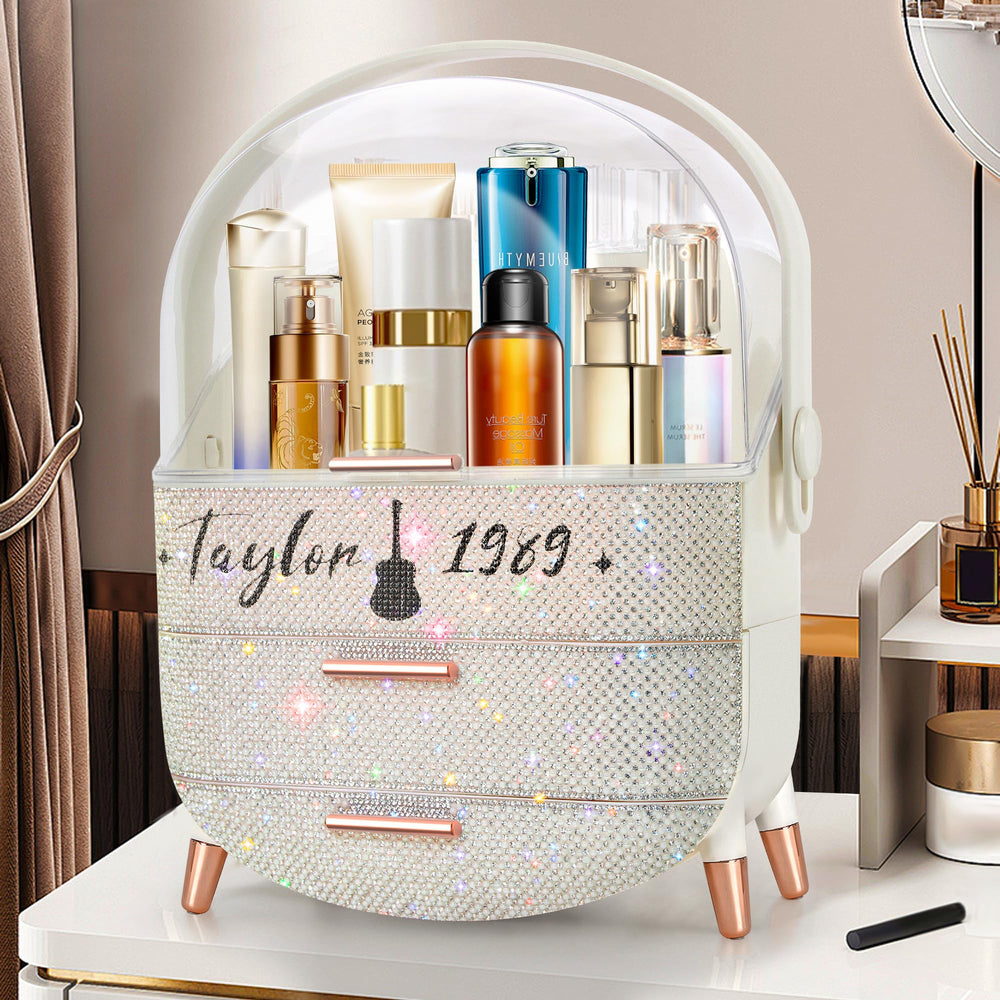 Ptesly Bling makeup organizer drawer storage closeup highlights lipstick and brushes
