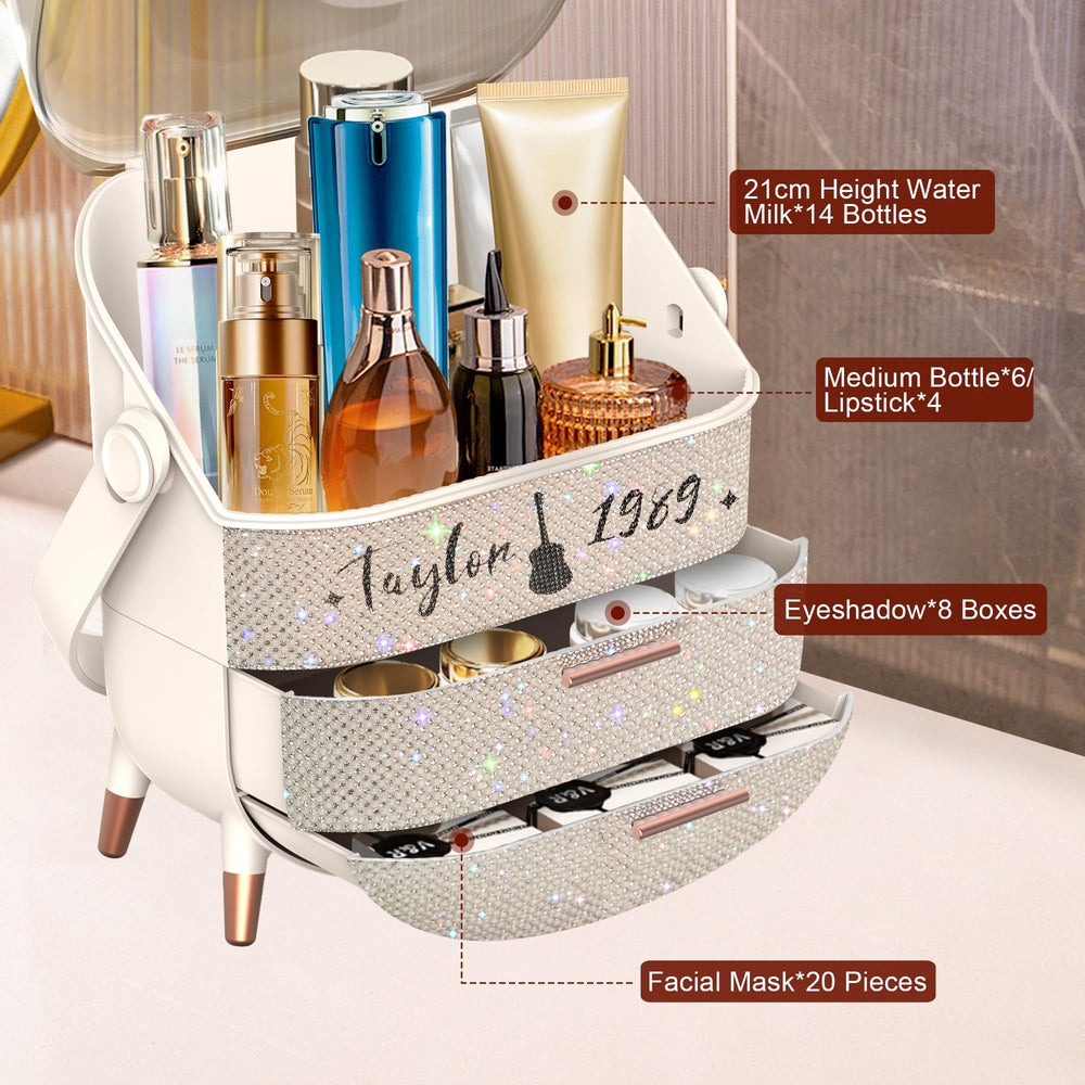 Ptesly Bling makeup organizer open compartments neatly separate lipsticks eyeshadows and brushes