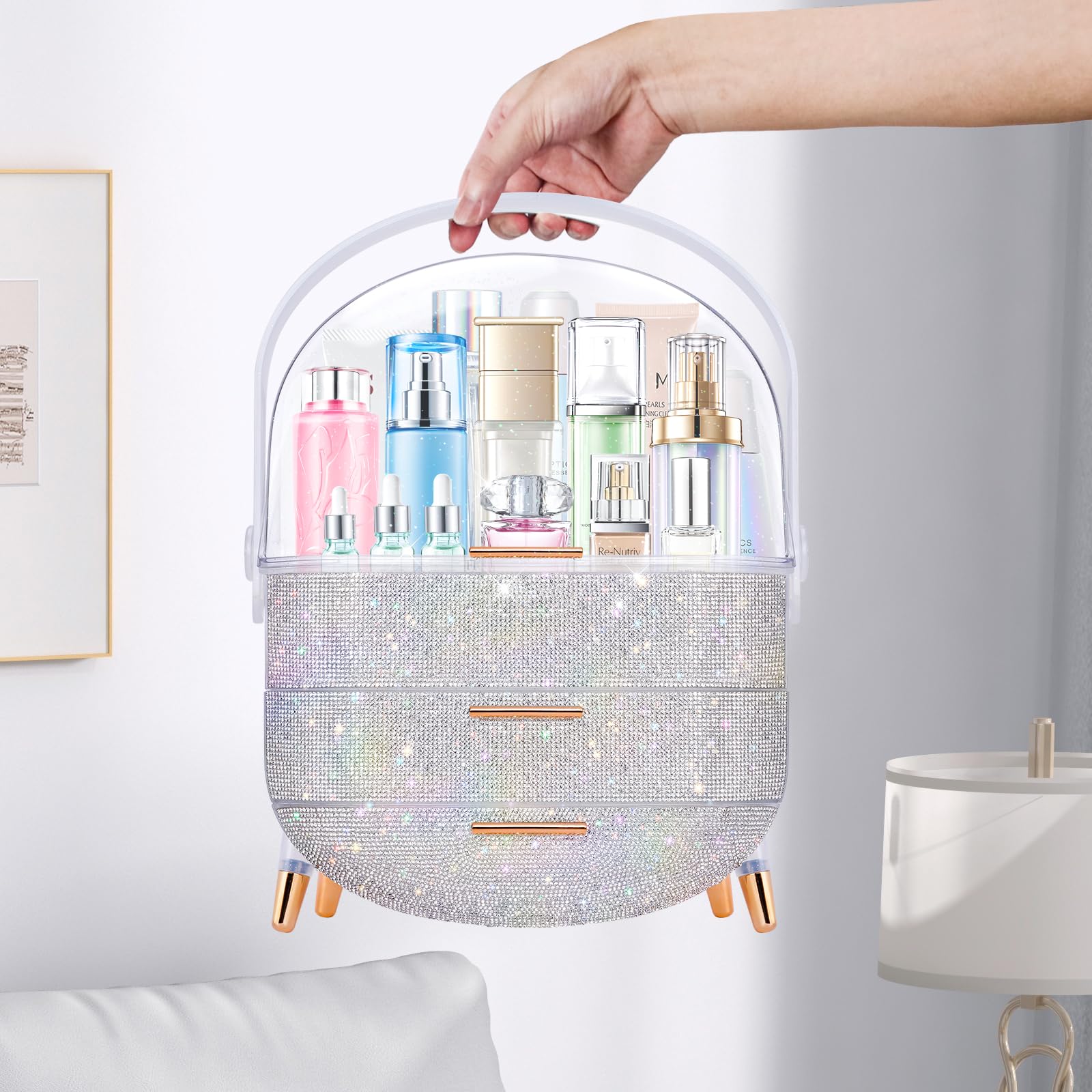 Ptesly makeup organizer bottom drawers hold lipsticks and brushes neatly.
